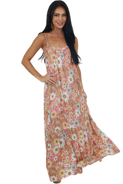 Coral Floral Sleeveless Open Back Maxi Dress