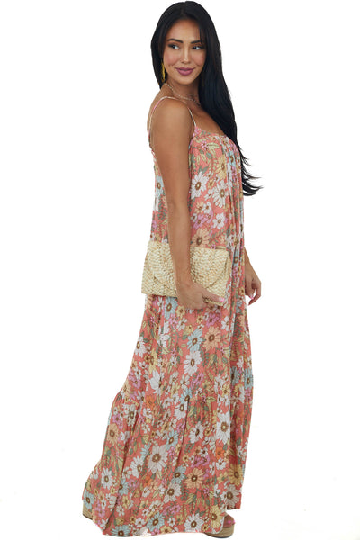 Coral Floral Sleeveless Open Back Maxi Dress