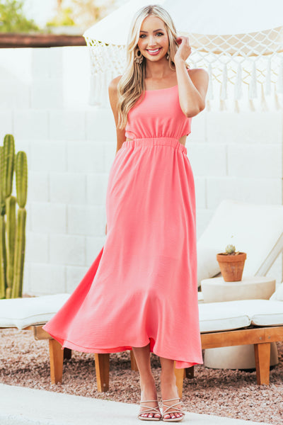 Coral Sleeveless Side Cutout Maxi Dress with Tie