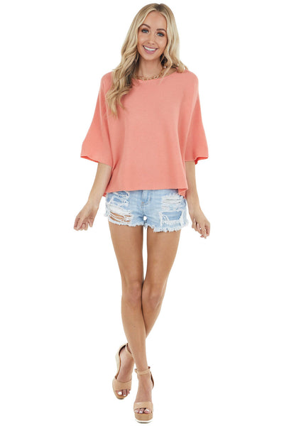 Coral Wide 3/4 Sleeve Stretchy Knit Top with Side Slits 