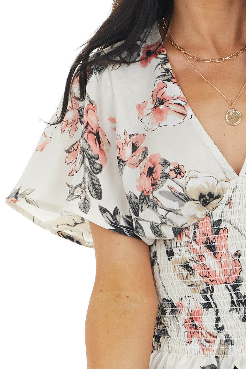 Cream and Punch Silky Floral Print Top with Smocked Detail