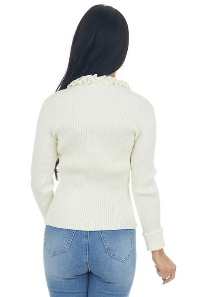 Cream Long Sleeve Ruffle Ribbed Knit Cardigan