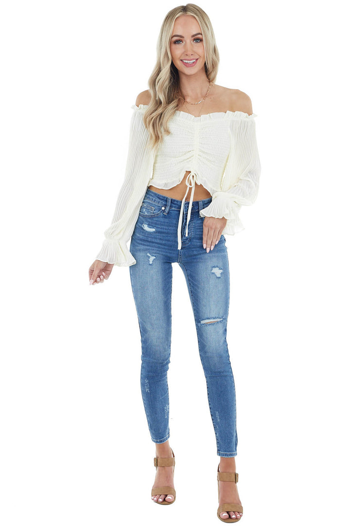 Cream Smocked Crop Top with Long Sheer Bubble Sleeves