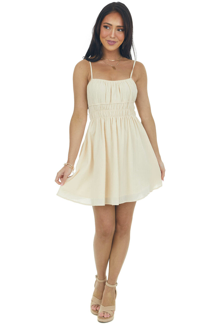 Cream Sleeveless Ruched Waist Mini Dress