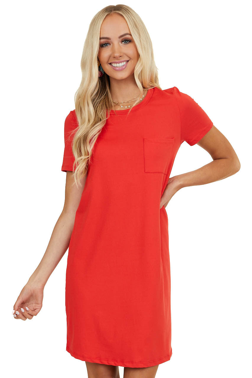 Crimson Short Sleeve Soft Knit Mini Dress with Chest Pocket 