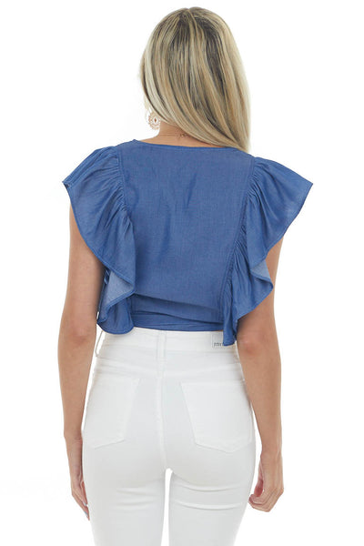 Dark Chambray Wrap Style Cropped Blouse 
