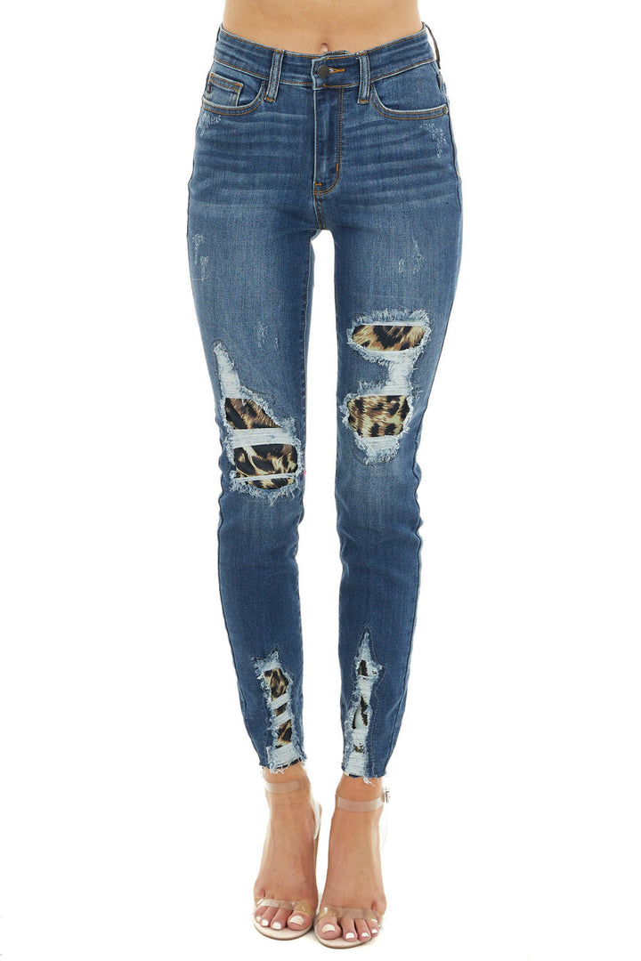 Dark Wash High Rise Ripped Skinny Jeans with Leopard Detail