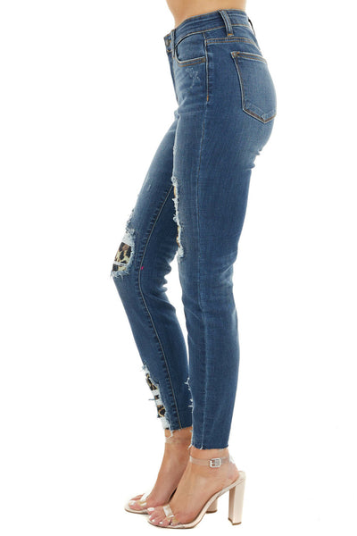 Dark Wash High Rise Ripped Skinny Jeans with Leopard Detail