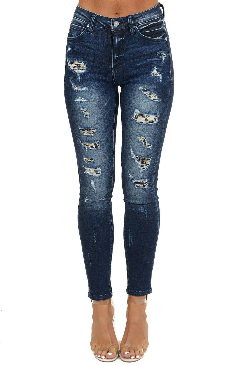 KanCan Dark Wash Distressed Skinny Jeans with Leopard Print Details ...