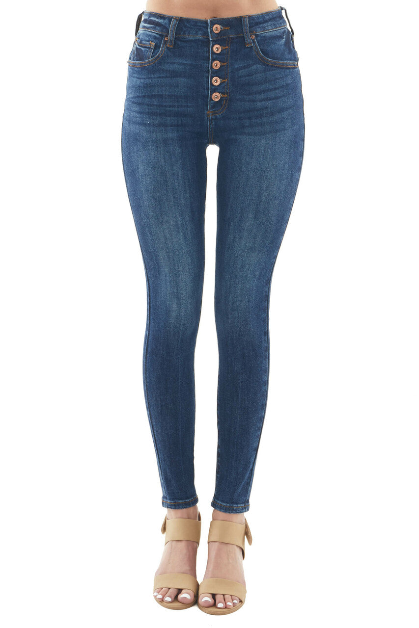 Dark Wash High Rise Button Front Skinny Jeans
