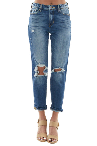 Dark Wash High Rise Knee Torn Mom Fit Jeans