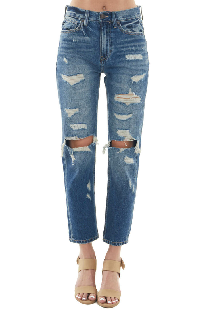 Dark Wash High Rise Mom Fit Heavy Torn Jeans