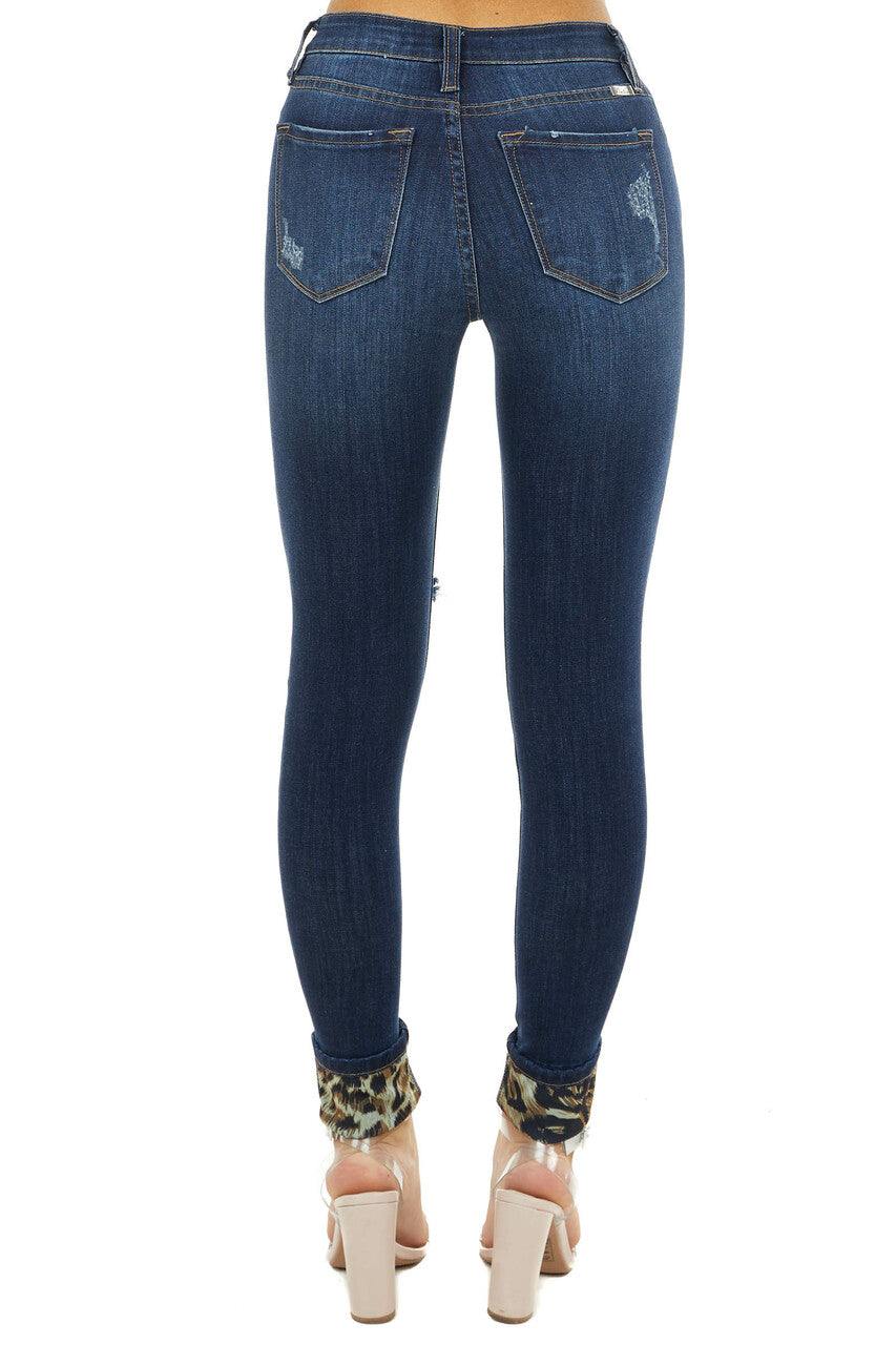 KanCan Dark Wash Mid Rise Ripped Skinny Jeans with Leopard Patches ...
