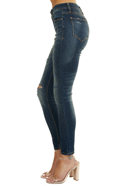 Dark Wash Mid Rise Skinny Jeans with Distressed Cuts