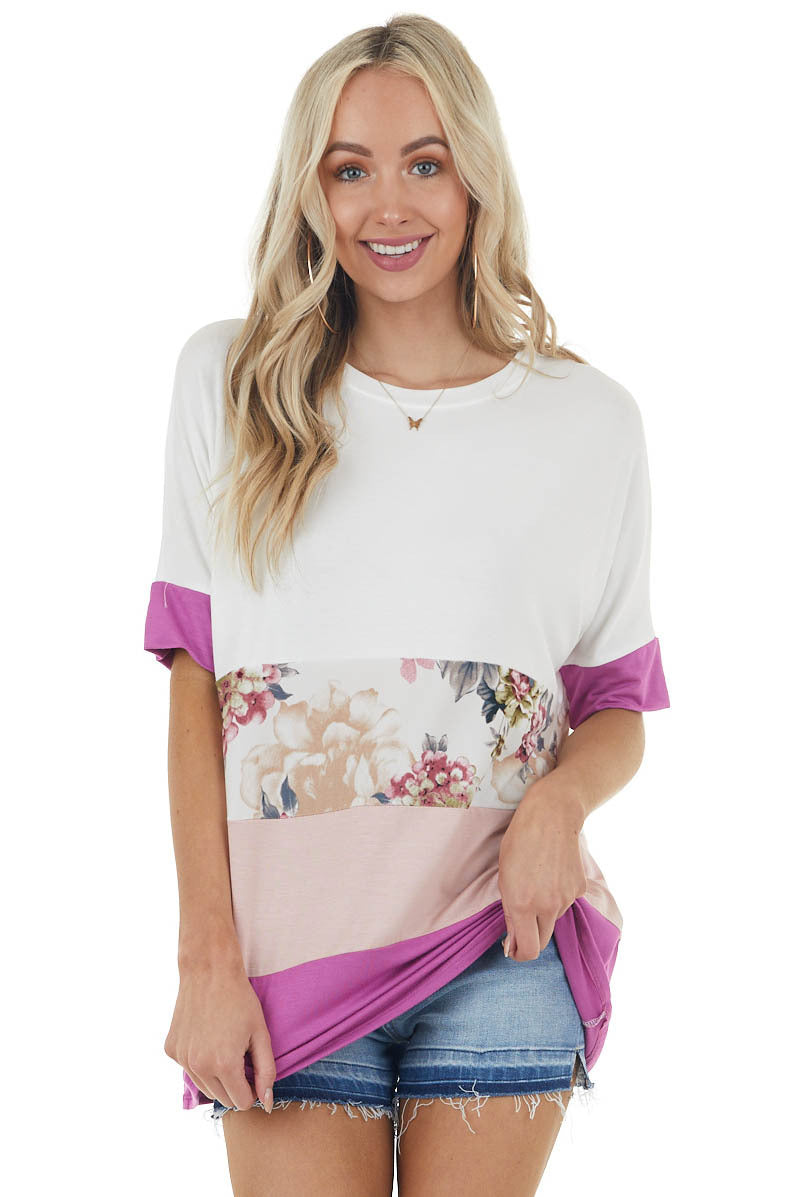 Deep Lilac and Floral Print Colorblock Short Sleeve Knit Tee