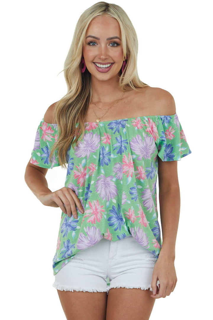 Deep Lime Floral Print Flutter Sleeve Knit Top