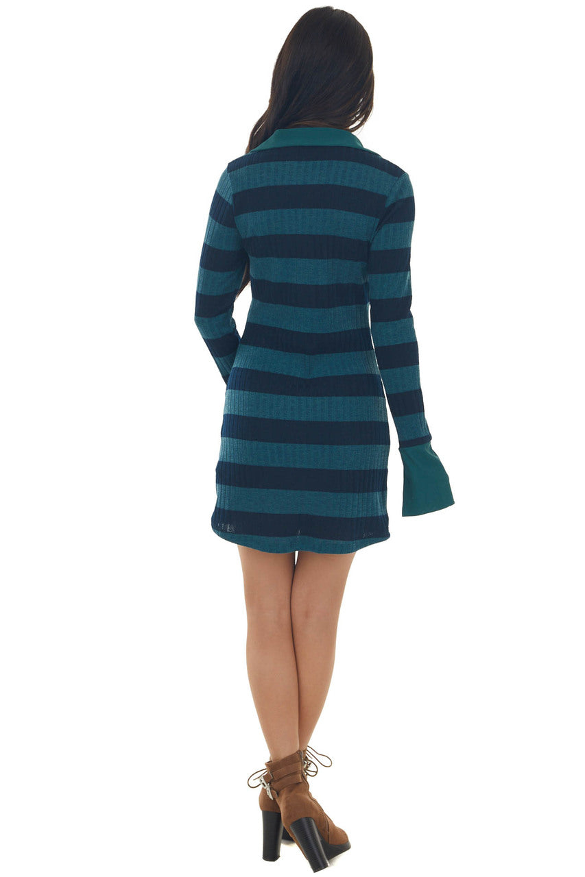 Deep Pine Striped Ribbed Knit Mini Dress 