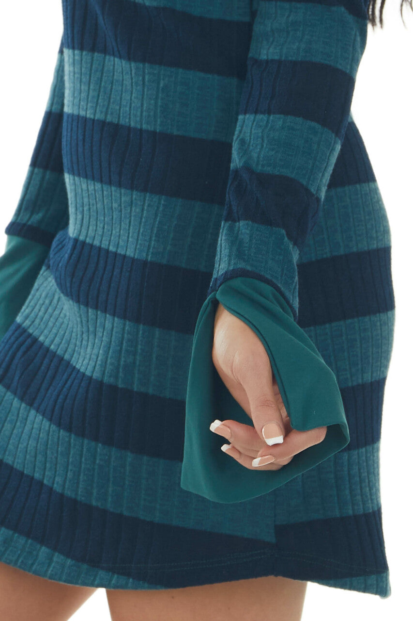 Deep Pine Striped Ribbed Knit Mini Dress 