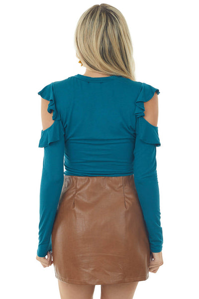 Deep Teal Ruffle Cut Out Long Sleeve Bodysuit