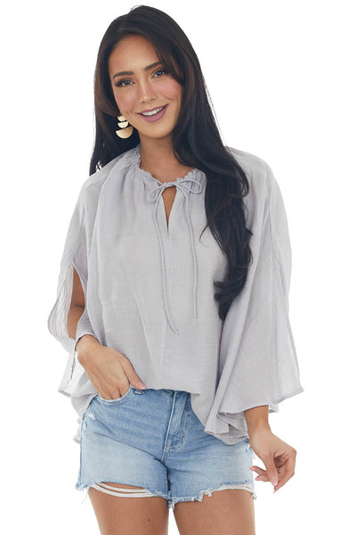 Dove Grey Frayed Neck Textured Peasant Blouse