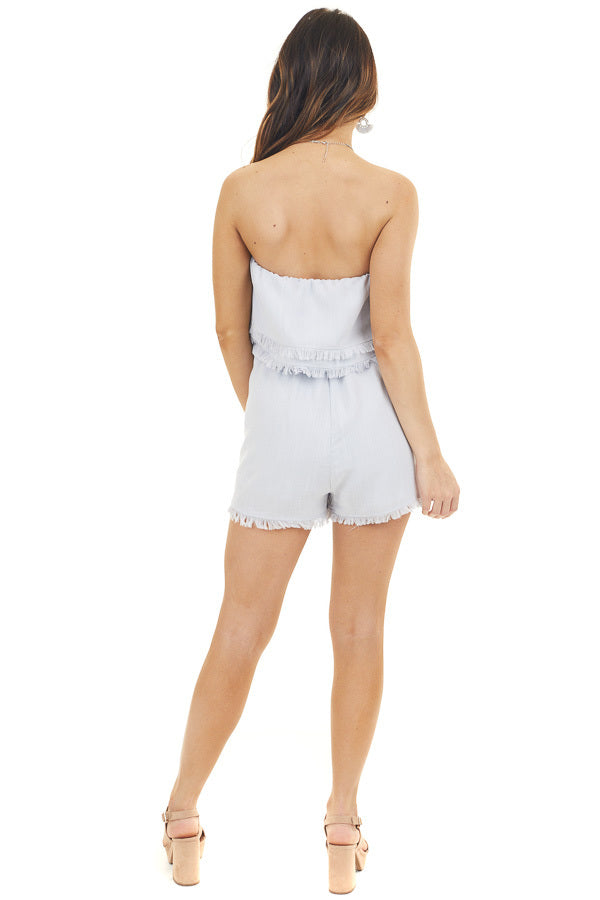 Dove Grey Strapless Romper with Frayed Hemline and Tie