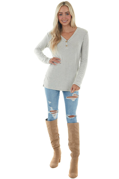 Dove Grey Striped Brushed Knit Button Top