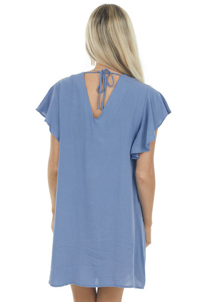 Dusty Blue Pintuck Flutter Sleeve Shift Dress 