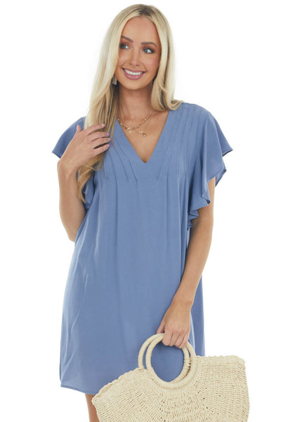 Dusty Blue Pintuck Flutter Sleeve Shift Dress 