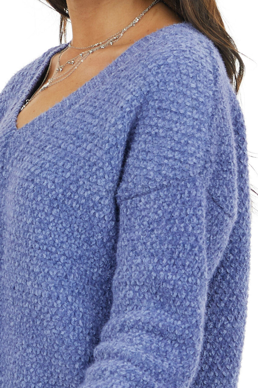 Dusty Blue Two Tone Slightly Cropped Sweater with V Neck