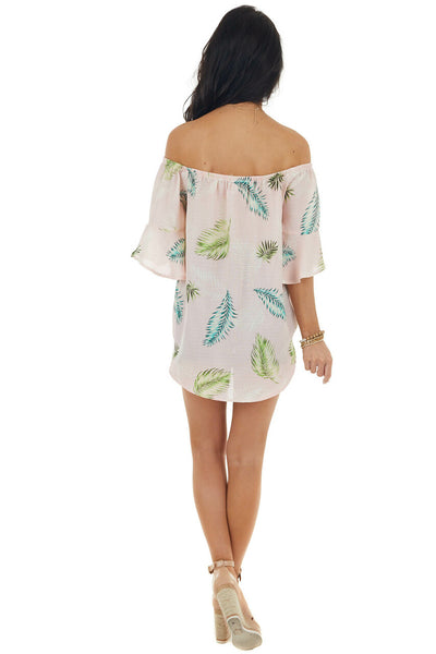 Dusty Blush Leaf Print Off Shoulder Blouse with Front Tie 