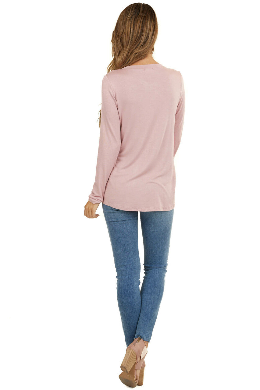 Dusty Blush Long Sleeve Top with Sequin and Camo Details 