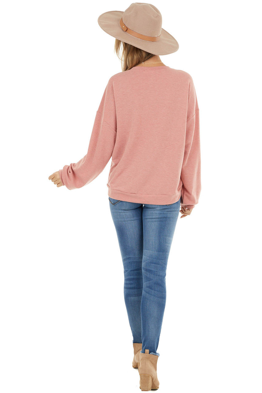 Dusty Coral Stretchy Long Sleeve Top with Raw Edge Details 