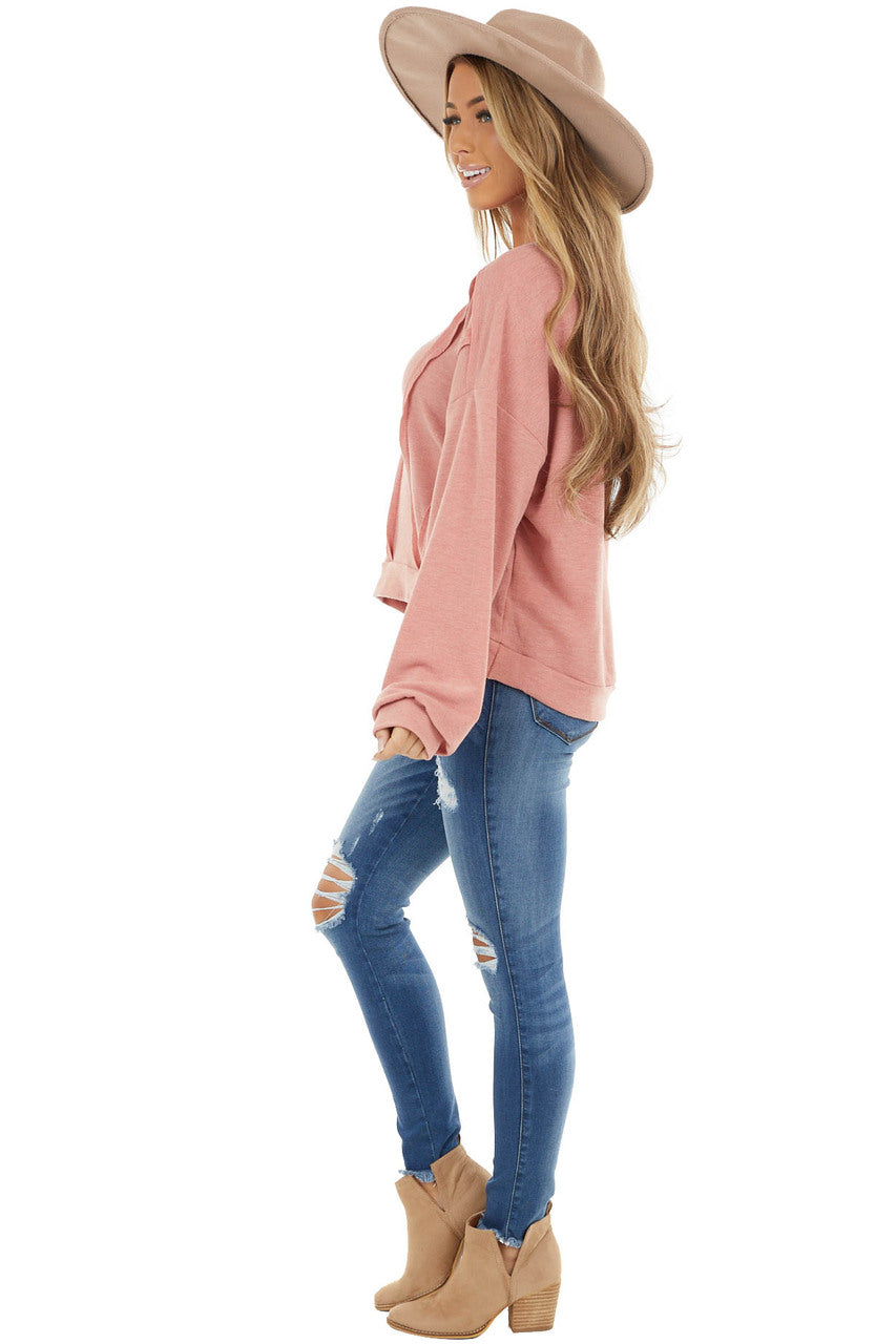 Dusty Coral Stretchy Long Sleeve Top with Raw Edge Details 