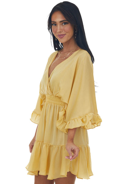 Dusty Gold Kimono Sleeve Ruffle Silky Mini Dress