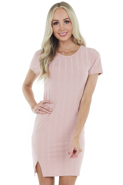 Dusty Rose Short Sleeve Mini Dress with Textured Stripes