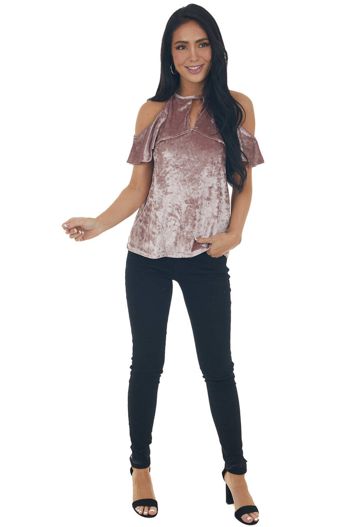 Dusty Rose Velvet Ruffle Cold Shoulder Top