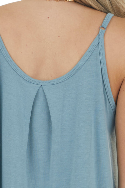 Dusty Teal Sleeveless Knit Top with Pleated Neckline