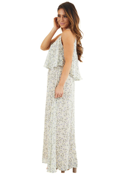 Eggshell Floral Print Sleeveless Maxi Dress with V Neckline
