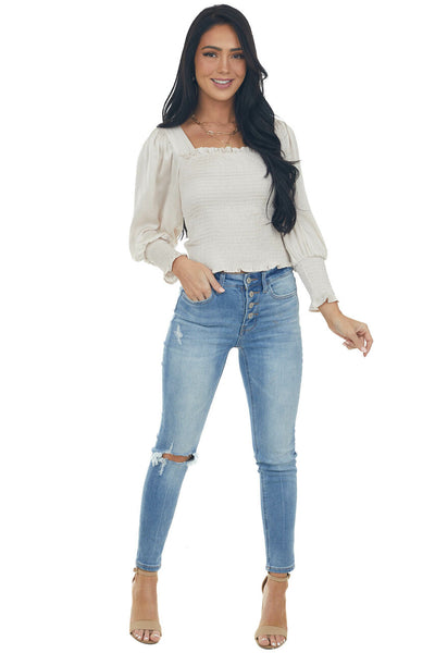 Eggshell Long Bubble Sleeve Smocked Blouse with Tie Detail