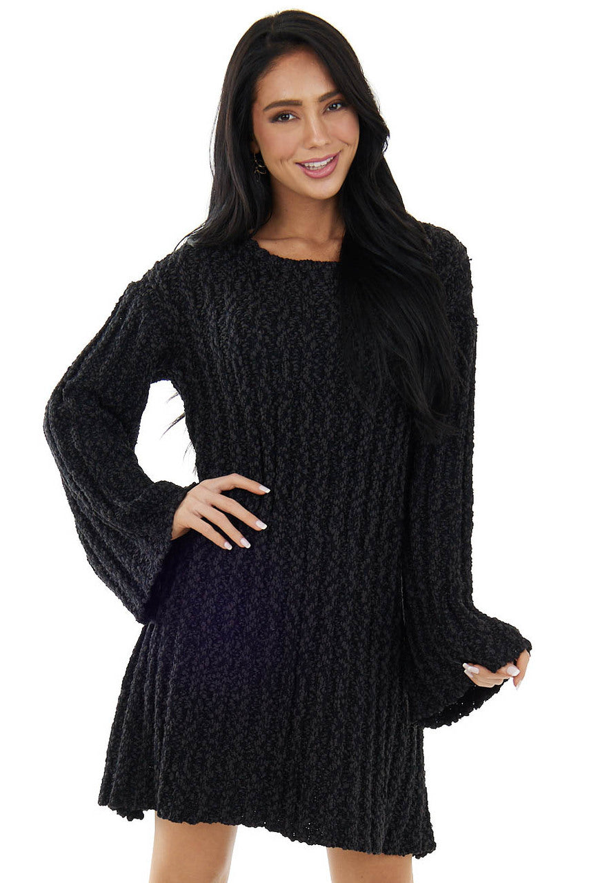 Faded Black Chunky Ribbed Flare Sweater Dress