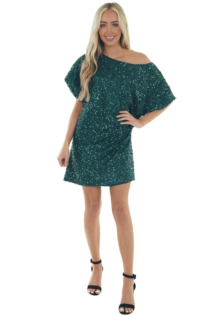 Forest Sequined Short Flowy Sleeve Shift Dress