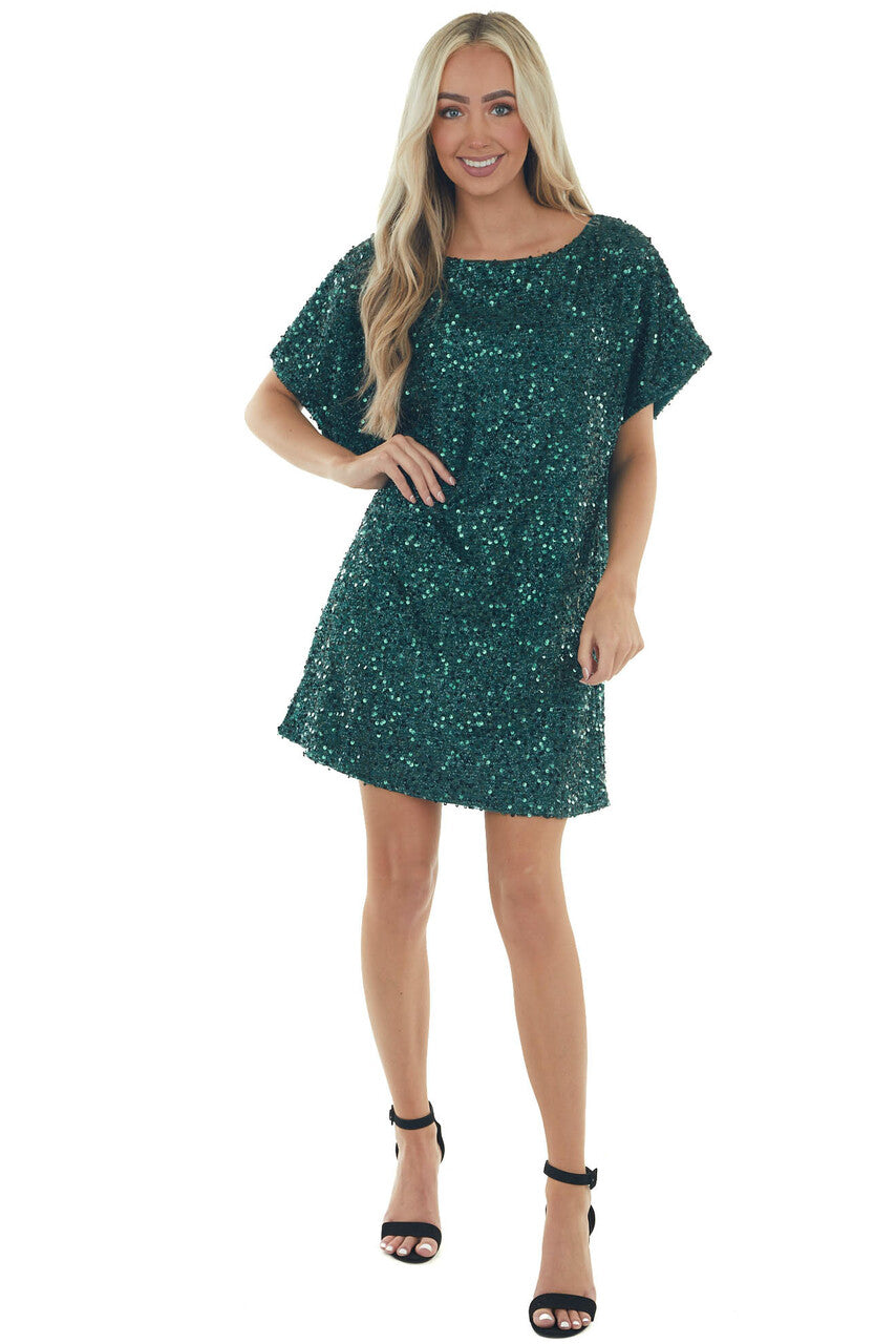 Forest Sequined Short Flowy Sleeve Shift Dress