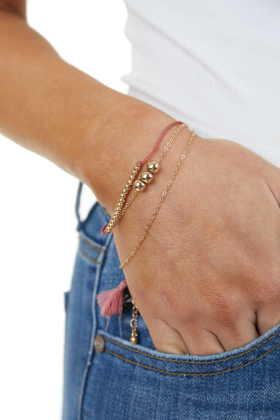 Gold and Berry Beaded Layered Bracelet with Tassel Details