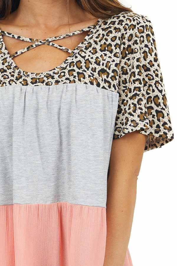 Grey Coral and Leopard Print Top with Criss Cross Neckline