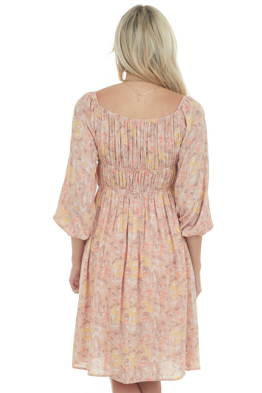 Hazy Peach Floral Elastic Off Shoulder Dress