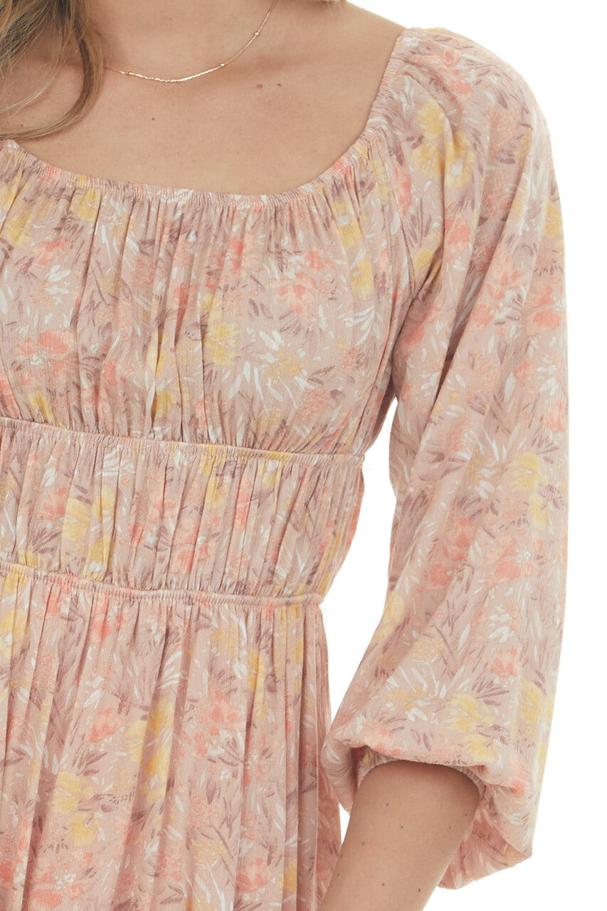 Hazy Peach Floral Elastic Off Shoulder Dress