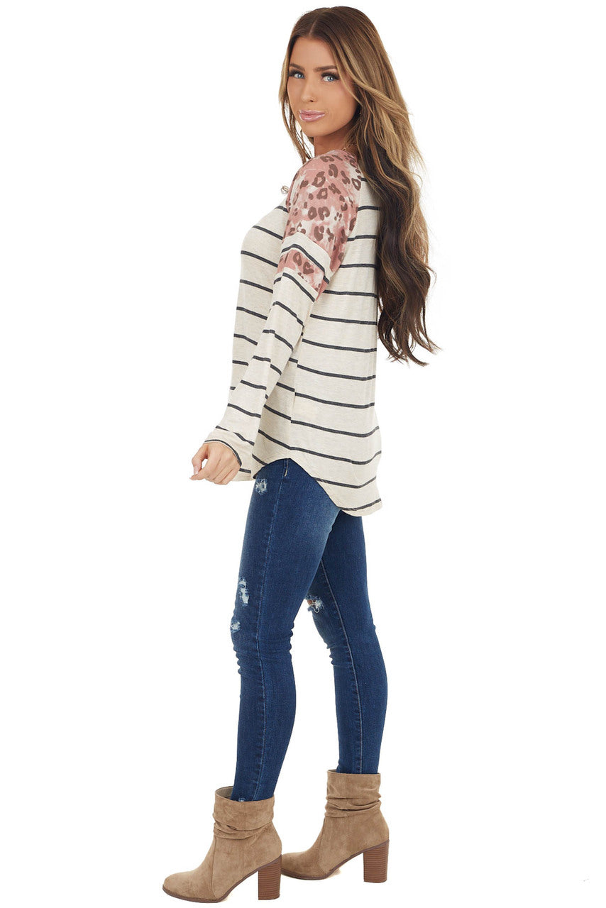 Heathered Beige Striped Knit Top with Leopard Print Contrast