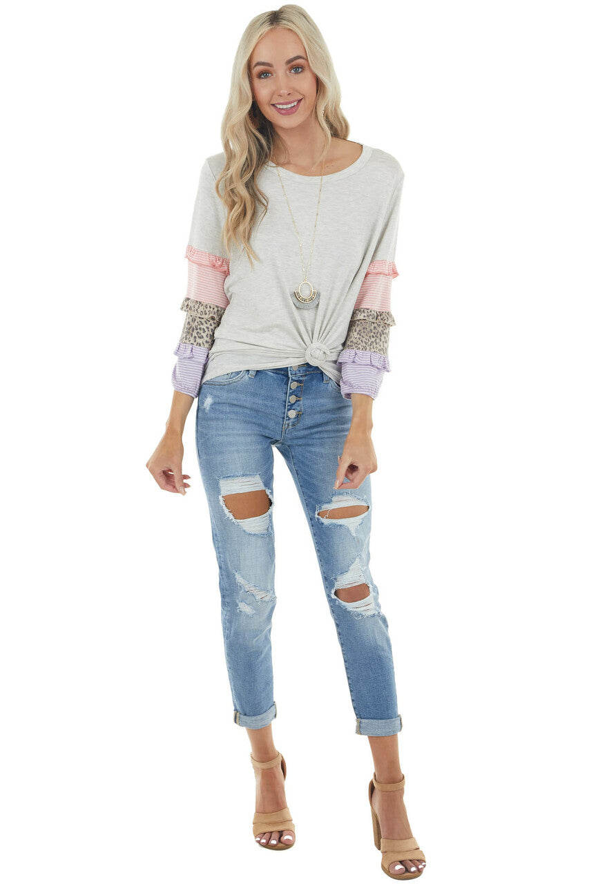 Heathered Dove Grey Knit Top with Multi Pattern Sleeves 