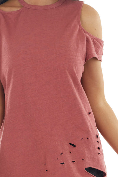 Hibiscus Short Cut Out Sleeve Knit Top with Distressing
