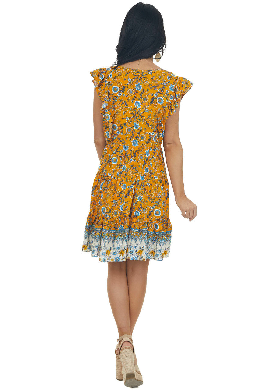Honey Floral Print V Neck Tiered Short Dress 